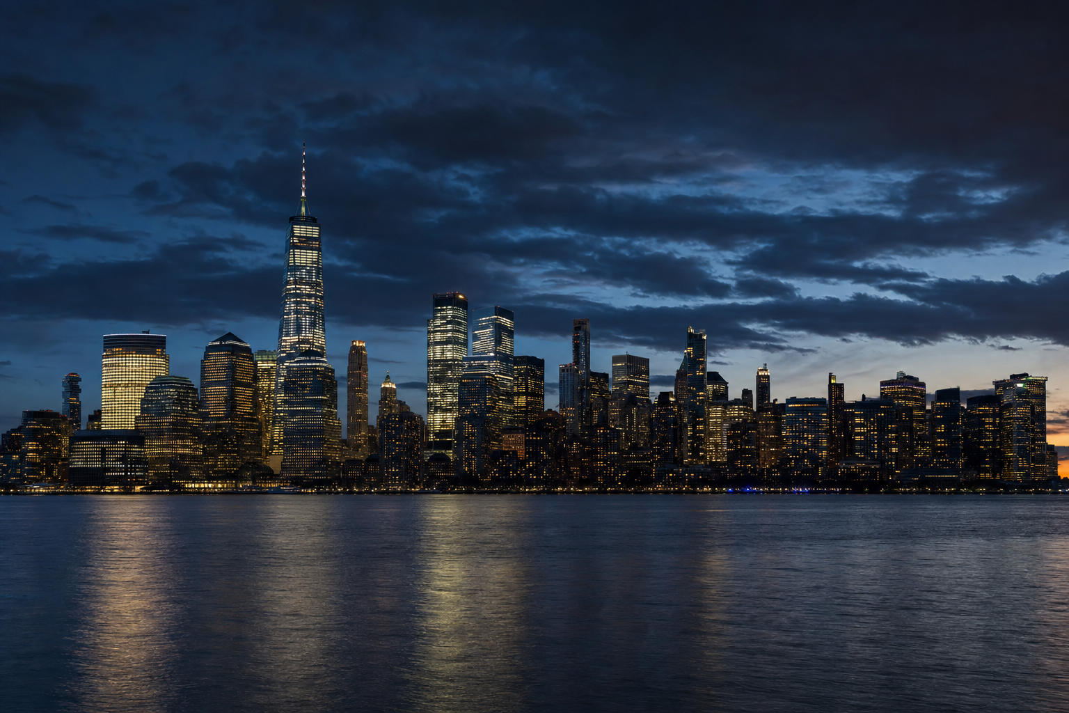 Lower Manhattan financial district skyline at dusk